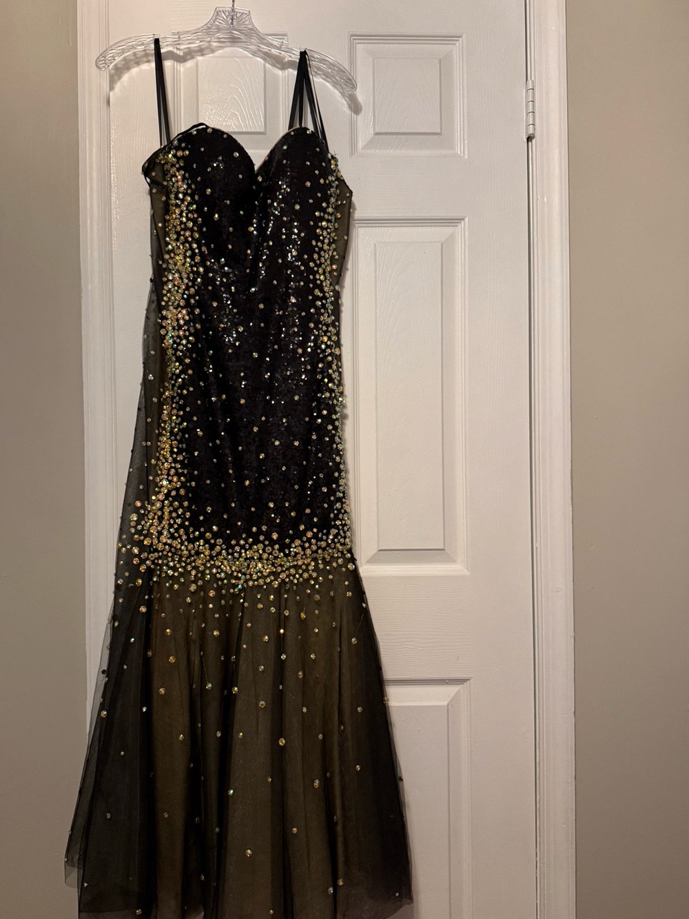 Black Embellished Spaghetti-Strap Evening Dress